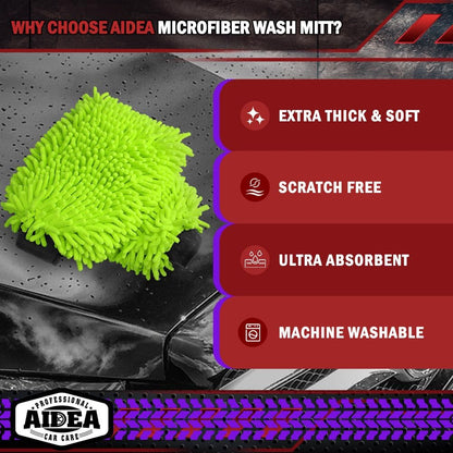 Car Wash Mitt Microfiber-2Pk, Car Wash Brush, Green, 7.12''X10.14'' | Scratch Free Lint Free, Premium Chenille Microfiber Mitt, Car Cleaning Supplies, Regular Size