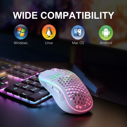 2.4GHz Wireless Ergonomic Gaming Mouse with RGB Backlighting, 6 Buttons, 3 Adjustable DPI Settings, Type-C Rechargeable, Honeycomb Design