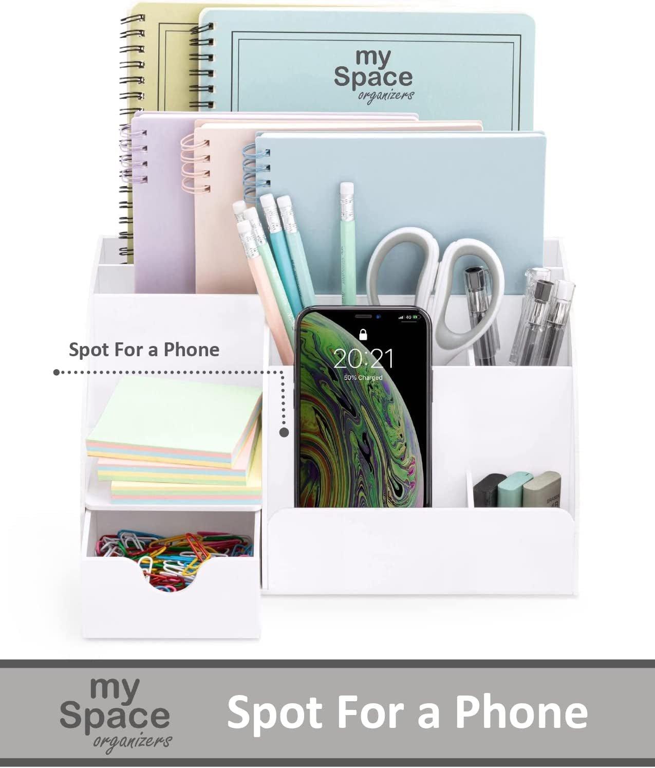 White Desktop Organizer with 9 Compartments - Office Desk Accessory and Pen Holder