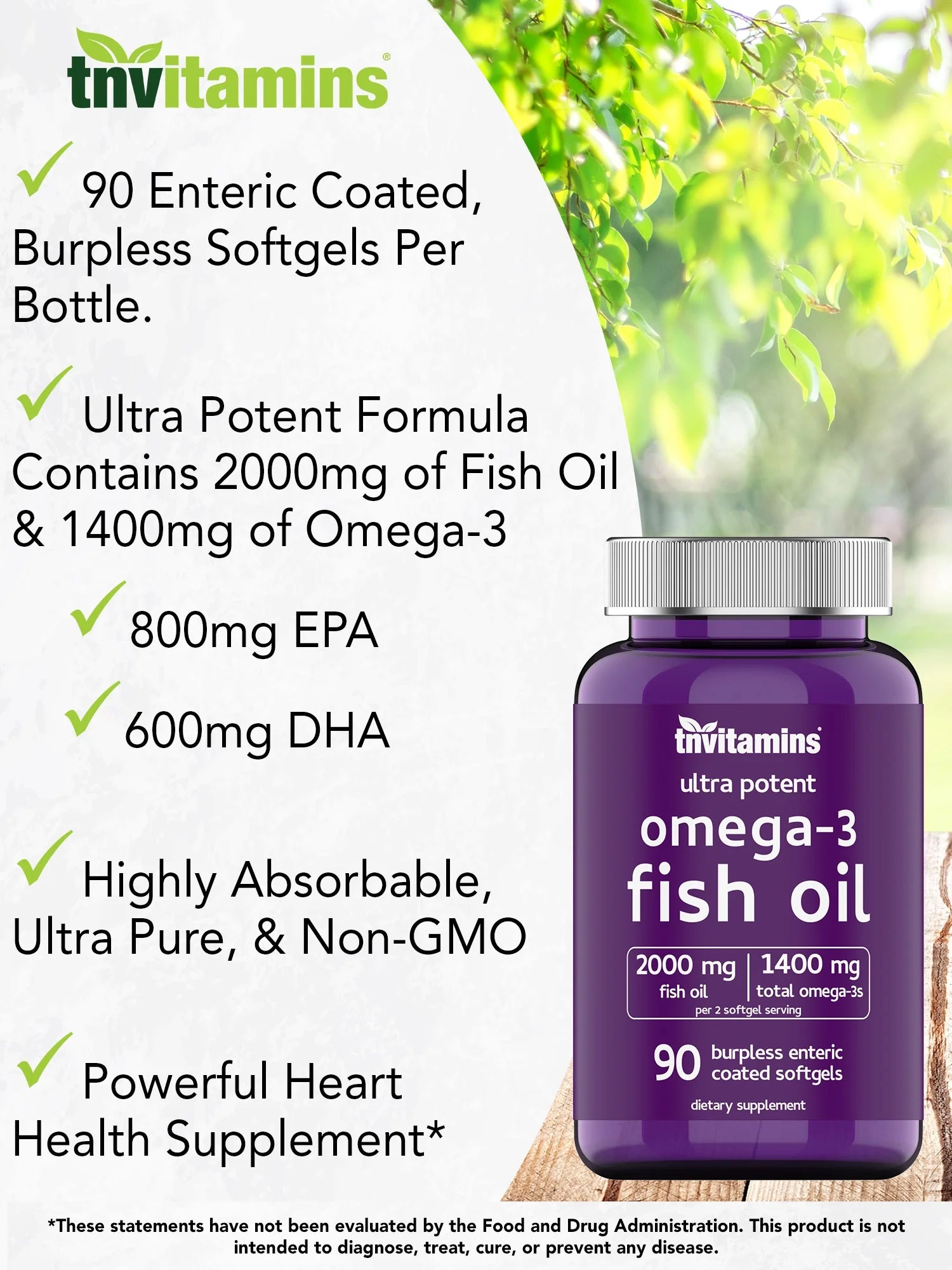 Omega-3 Fish Oil 2000mg Enteric Coated Softgels with EPA & DHA, Wild-Caught and Purified, Mercury-Free, 90 Count