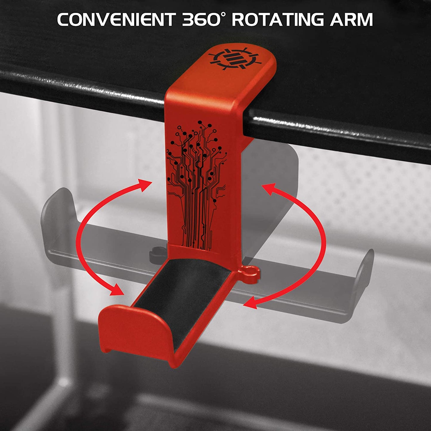 PC Gaming Headphone Holder - Adjustable 360-Degree Desk Hanger for Esports Headsets with Under-Desk Clamp and Cable Management - Universal Fit - Red