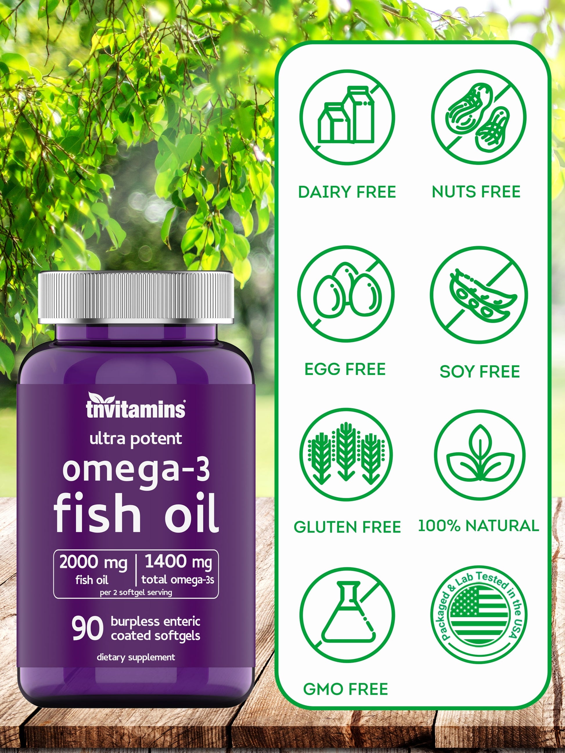 Omega-3 Fish Oil 2000mg Enteric Coated Softgels with EPA & DHA, Wild-Caught and Purified, Mercury-Free, 90 Count