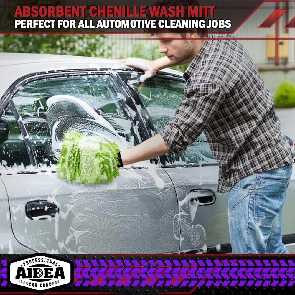 Car Wash Mitt Microfiber-2Pk, Car Wash Brush, Green, 7.12''X10.14'' | Scratch Free Lint Free, Premium Chenille Microfiber Mitt, Car Cleaning Supplies, Regular Size