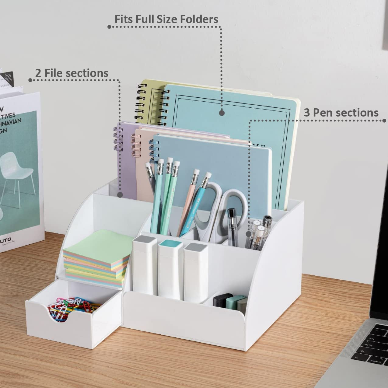 White Desktop Organizer with 9 Compartments - Office Desk Accessory and Pen Holder
