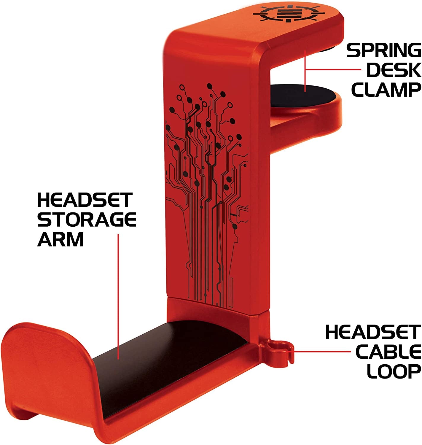 PC Gaming Headphone Holder - Adjustable 360-Degree Desk Hanger for Esports Headsets with Under-Desk Clamp and Cable Management - Universal Fit - Red
