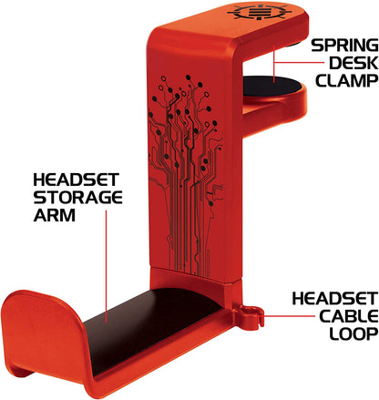 PC Gaming Headphone Holder - Adjustable 360-Degree Desk Hanger for Esports Headsets with Under-Desk Clamp and Cable Management - Universal Fit - Red