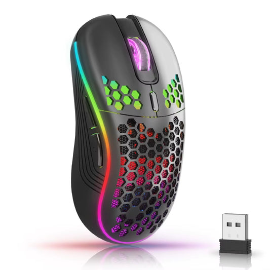 2.4GHz Wireless Ergonomic Gaming Mouse with RGB Backlighting, 6 Buttons, 3 Adjustable DPI Settings, Type-C Rechargeable, Honeycomb Design