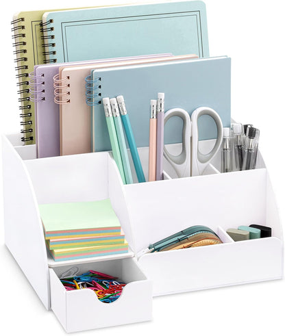 White Desktop Organizer with 9 Compartments - Office Desk Accessory and Pen Holder