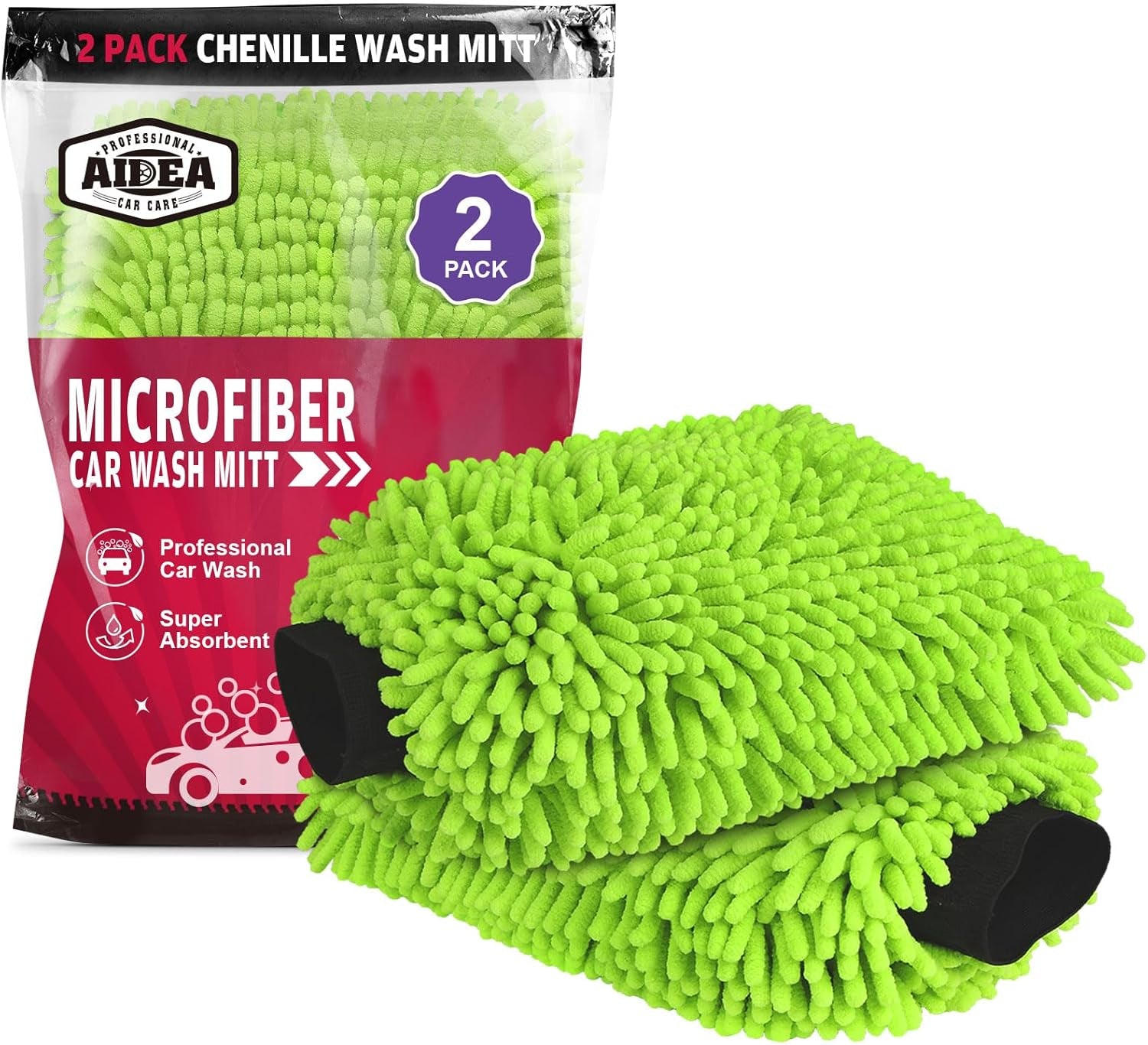 Car Wash Mitt Microfiber-2Pk, Car Wash Brush, Green, 7.12''X10.14'' | Scratch Free Lint Free, Premium Chenille Microfiber Mitt, Car Cleaning Supplies, Regular Size