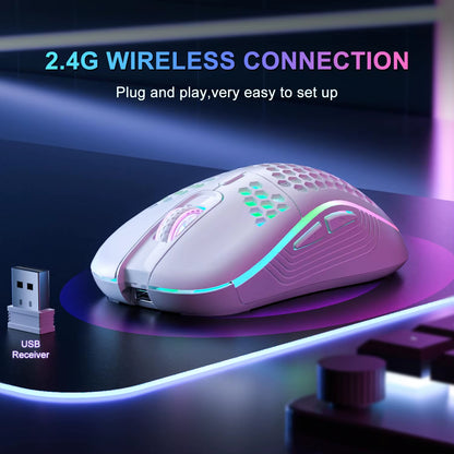 2.4GHz Wireless Ergonomic Gaming Mouse with RGB Backlighting, 6 Buttons, 3 Adjustable DPI Settings, Type-C Rechargeable, Honeycomb Design