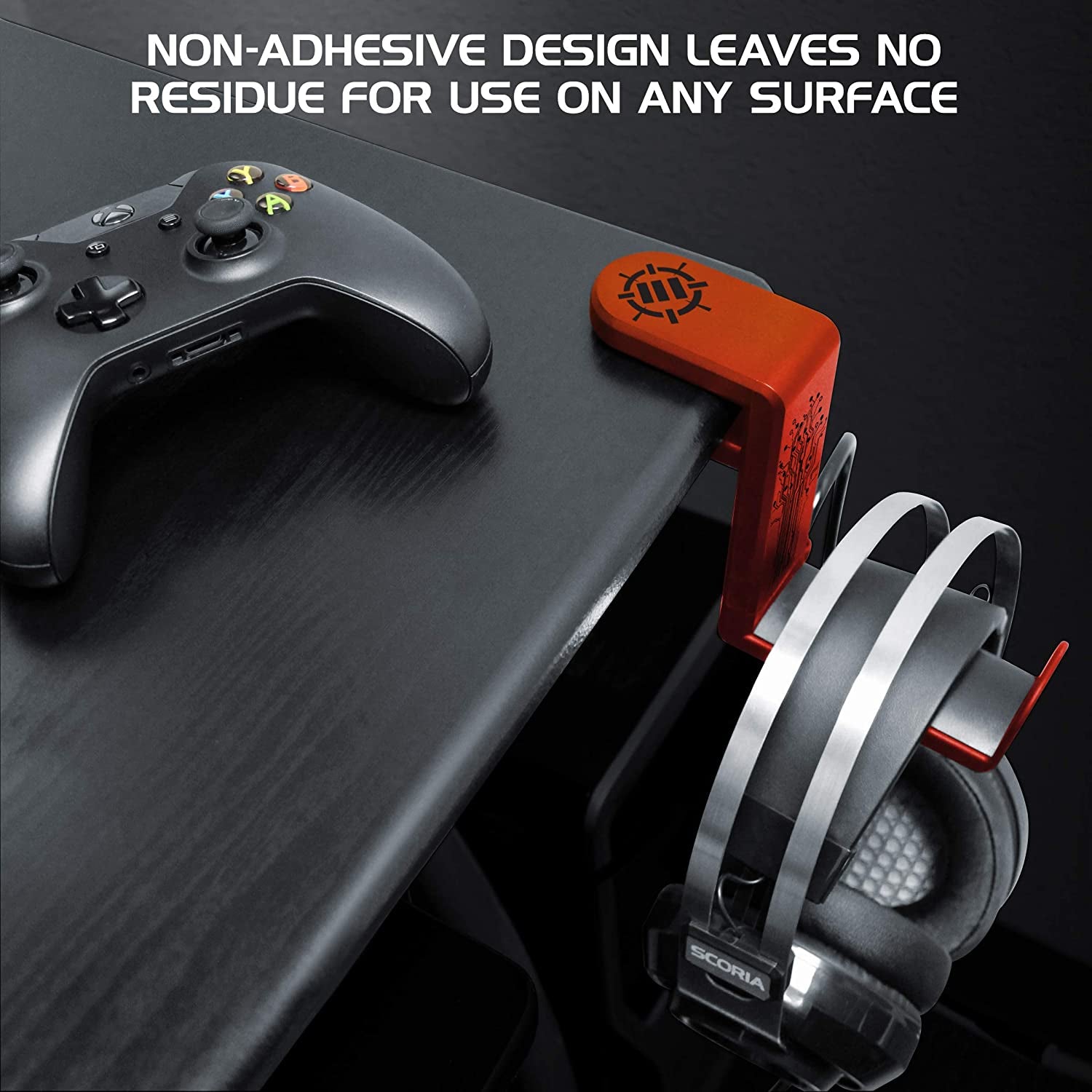 PC Gaming Headphone Holder - Adjustable 360-Degree Desk Hanger for Esports Headsets with Under-Desk Clamp and Cable Management - Universal Fit - Red
