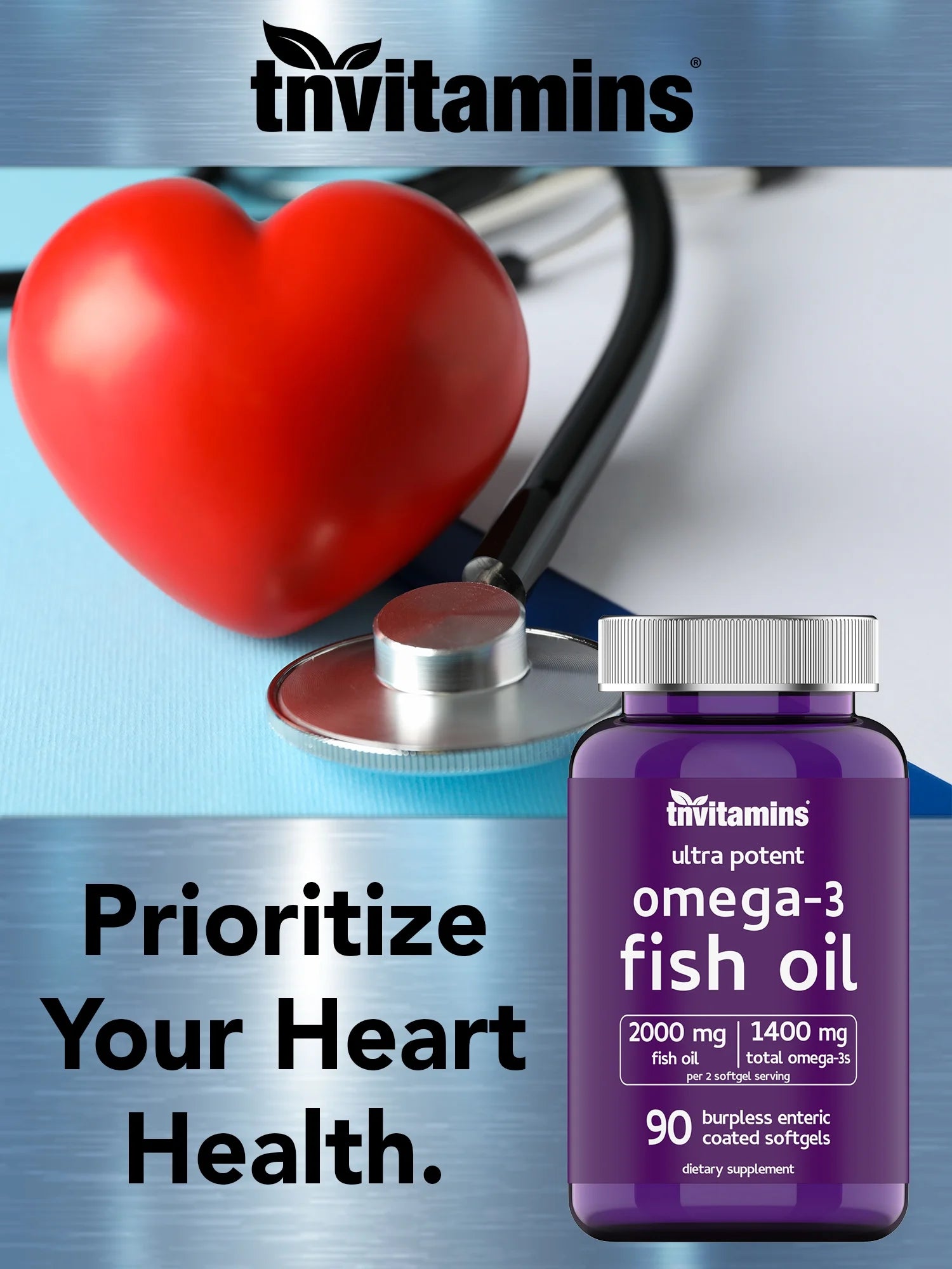 Omega-3 Fish Oil 2000mg Enteric Coated Softgels with EPA & DHA, Wild-Caught and Purified, Mercury-Free, 90 Count