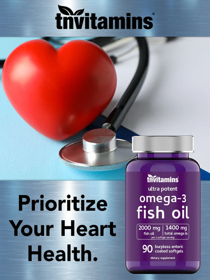 Omega-3 Fish Oil 2000mg Enteric Coated Softgels with EPA & DHA, Wild-Caught and Purified, Mercury-Free, 90 Count