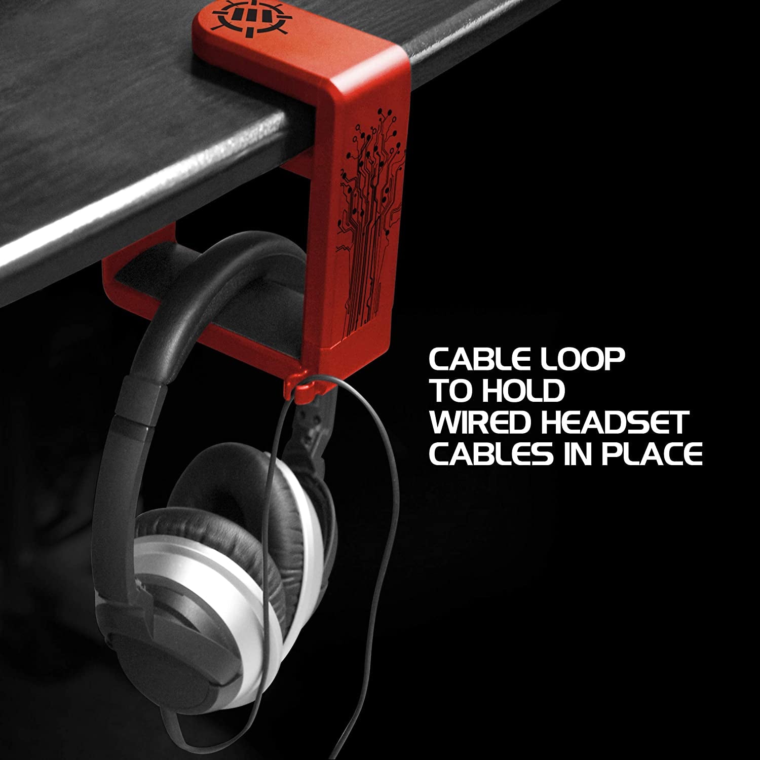 PC Gaming Headphone Holder - Adjustable 360-Degree Desk Hanger for Esports Headsets with Under-Desk Clamp and Cable Management - Universal Fit - Red