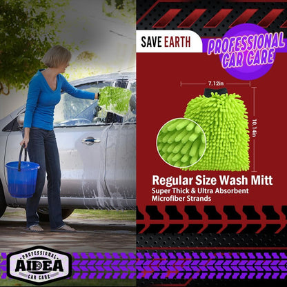 Car Wash Mitt Microfiber-2Pk, Car Wash Brush, Green, 7.12''X10.14'' | Scratch Free Lint Free, Premium Chenille Microfiber Mitt, Car Cleaning Supplies, Regular Size