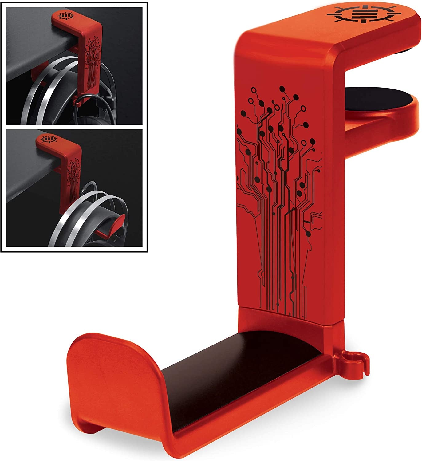 PC Gaming Headphone Holder - Adjustable 360-Degree Desk Hanger for Esports Headsets with Under-Desk Clamp and Cable Management - Universal Fit - Red