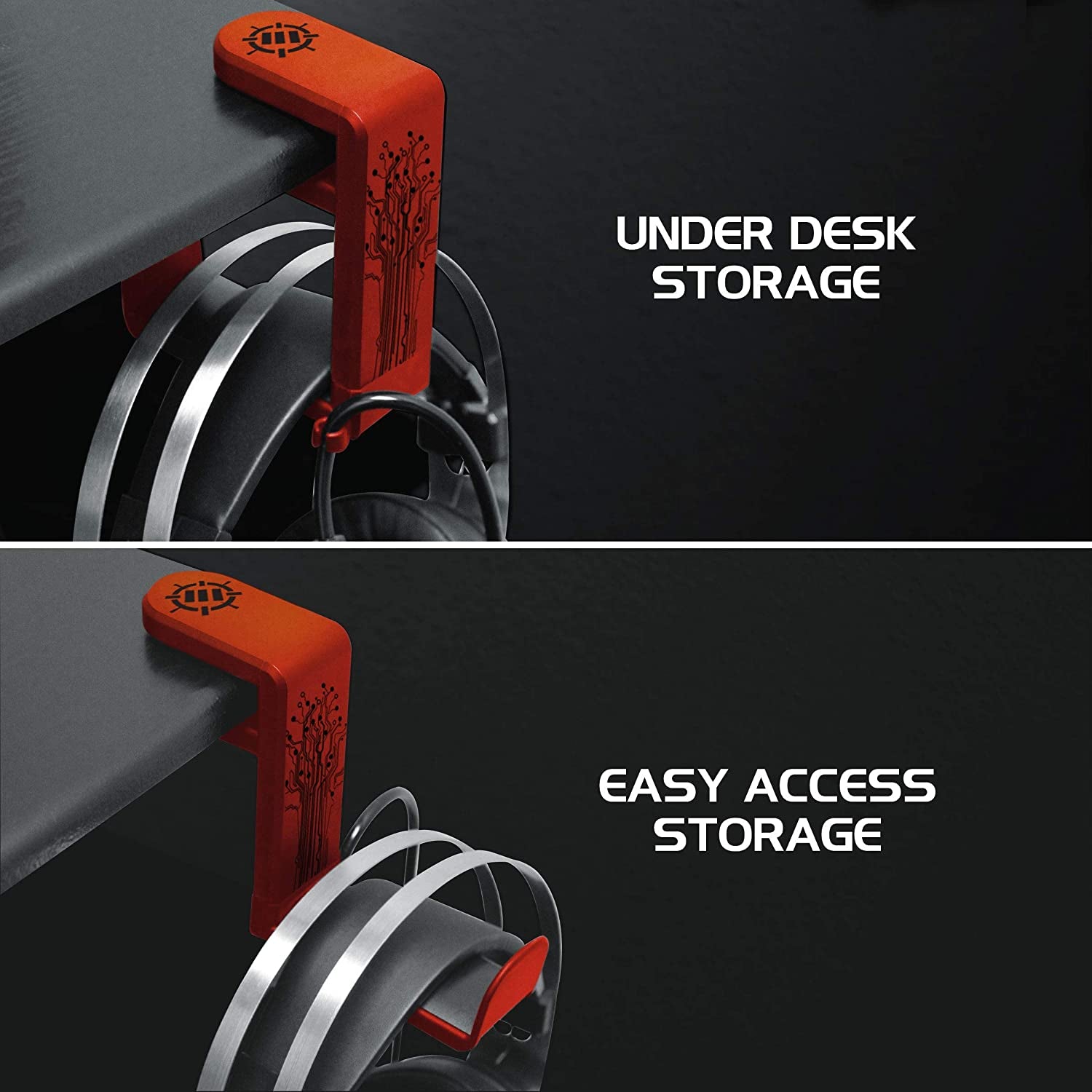 PC Gaming Headphone Holder - Adjustable 360-Degree Desk Hanger for Esports Headsets with Under-Desk Clamp and Cable Management - Universal Fit - Red