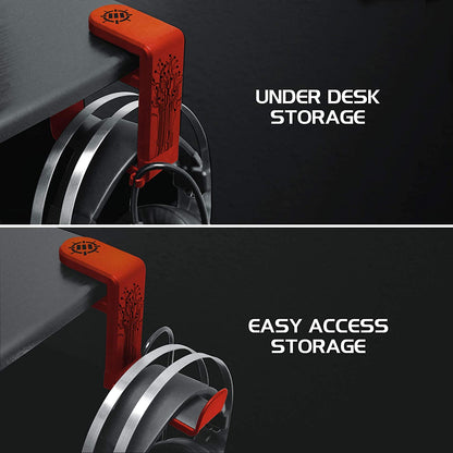 PC Gaming Headphone Holder - Adjustable 360-Degree Desk Hanger for Esports Headsets with Under-Desk Clamp and Cable Management - Universal Fit - Red