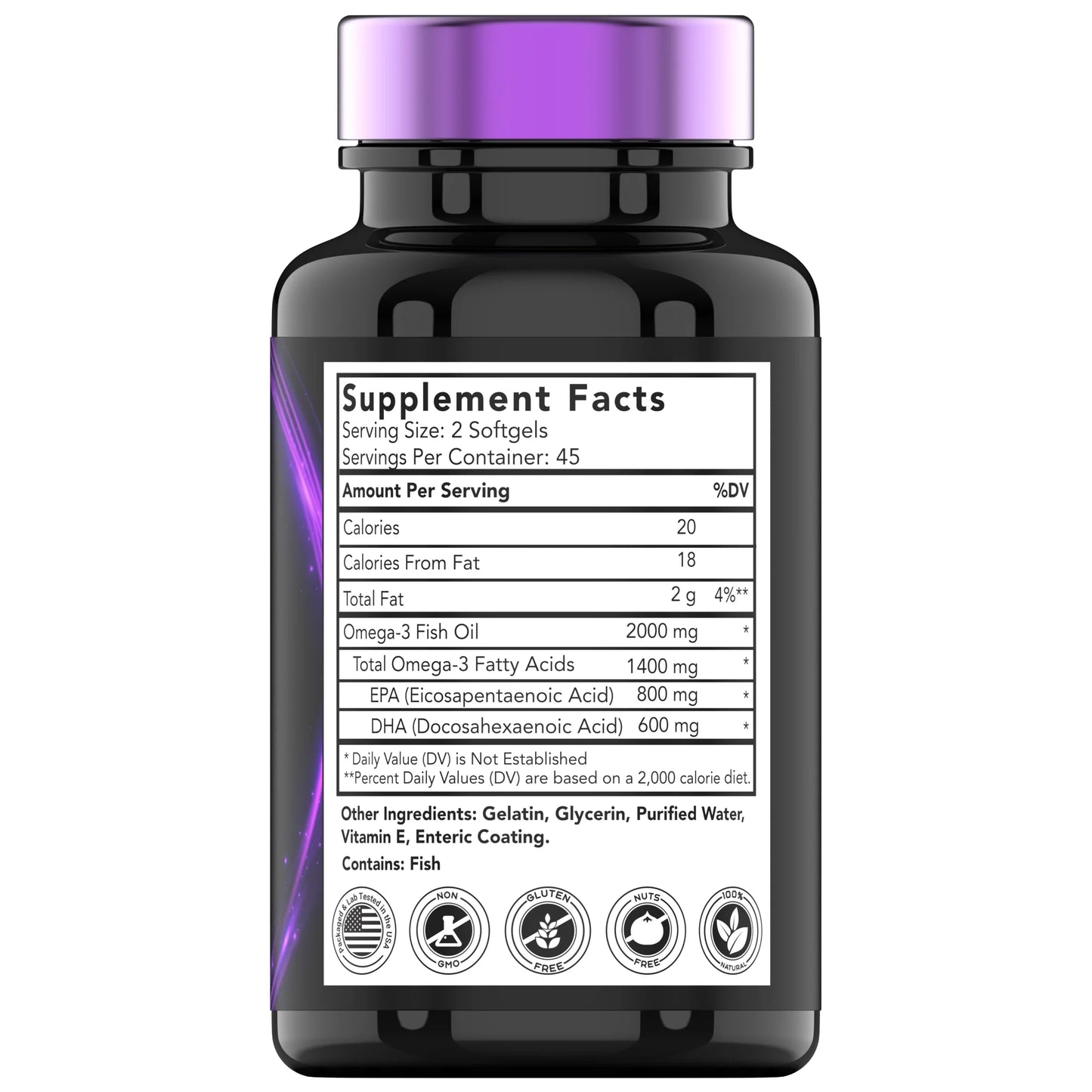 Omega-3 Fish Oil 2000mg Enteric Coated Softgels with EPA & DHA, Wild-Caught and Purified, Mercury-Free, 90 Count