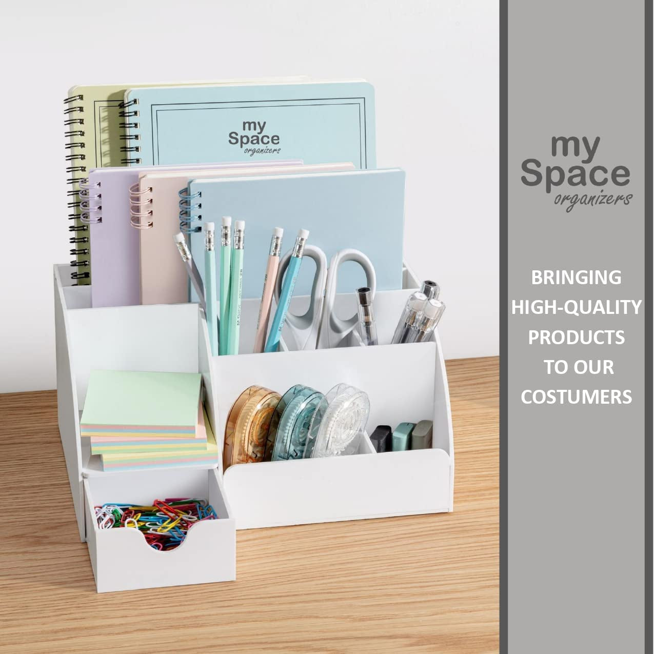 White Desktop Organizer with 9 Compartments - Office Desk Accessory and Pen Holder