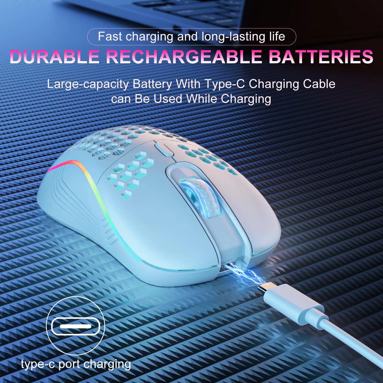 2.4GHz Wireless Ergonomic Gaming Mouse with RGB Backlighting, 6 Buttons, 3 Adjustable DPI Settings, Type-C Rechargeable, Honeycomb Design
