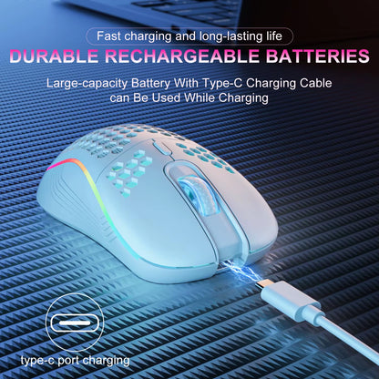2.4GHz Wireless Ergonomic Gaming Mouse with RGB Backlighting, 6 Buttons, 3 Adjustable DPI Settings, Type-C Rechargeable, Honeycomb Design