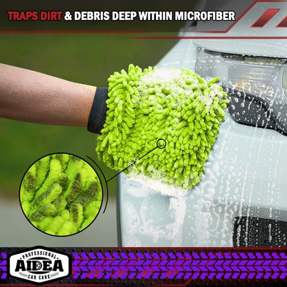 Car Wash Mitt Microfiber-2Pk, Car Wash Brush, Green, 7.12''X10.14'' | Scratch Free Lint Free, Premium Chenille Microfiber Mitt, Car Cleaning Supplies, Regular Size