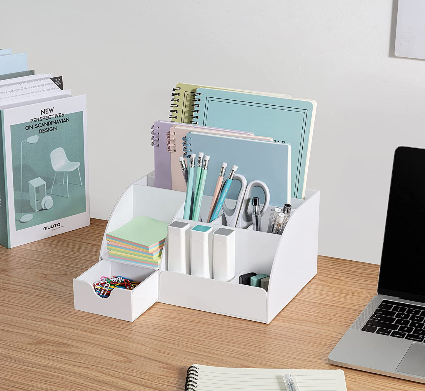 White Desktop Organizer with 9 Compartments - Office Desk Accessory and Pen Holder