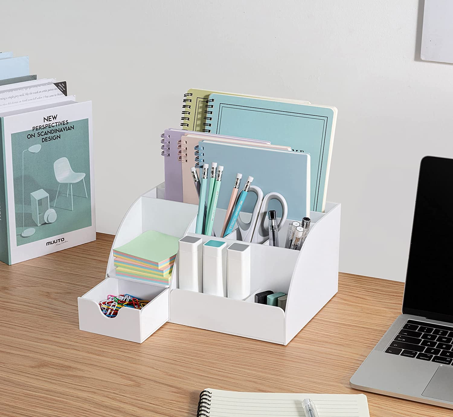 White Desktop Organizer with 9 Compartments - Office Desk Accessory and Pen Holder