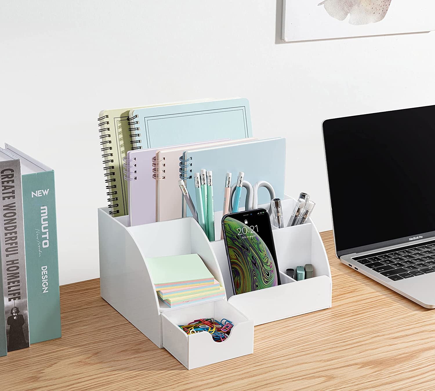 White Desktop Organizer with 9 Compartments - Office Desk Accessory and Pen Holder
