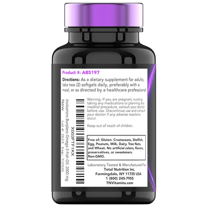 Omega-3 Fish Oil 2000mg Enteric Coated Softgels with EPA & DHA, Wild-Caught and Purified, Mercury-Free, 90 Count